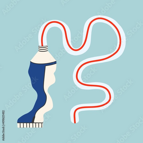 Hand drawing of a tube of toothpaste. Squeezed out paste. Flat design, hand drawn cartoon, vector illustration.