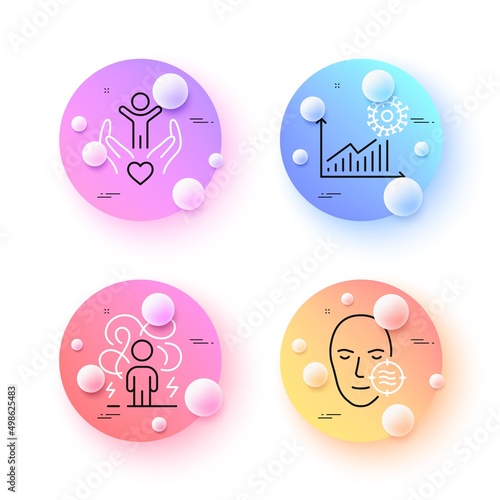 Volunteer, Coronavirus statistics and Problem skin minimal line icons. 3d spheres or balls buttons. Difficult stress icons. For web, application, printing. Vector