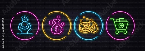 Bitcoin, Money bag and Difficult stress minimal line icons. Neon laser 3d lights. Add products icons. For web, application, printing. Cryptocurrency coin, Investment, Mind anxiety. Vector