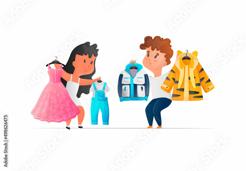 Vector isolated illustration with a girl and a boy who are choosing and trying on clothes. The concept of buying clothes, fashion for children, etc. can be used in web design, banners, etc.