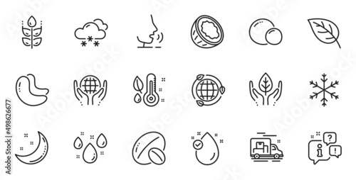 Outline set of Rainy weather, Eco energy and Soy nut line icons for web application. Talk, information, delivery truck outline icon. Include Vitamin e, Peas, Organic tested icons. Vector