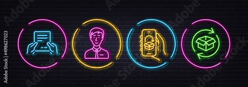 Businessman person, Receive file and Delivery app minimal line icons. Neon laser 3d lights. Return parcel icons. For web, application, printing. Male user, Hold document, Return package. Vector