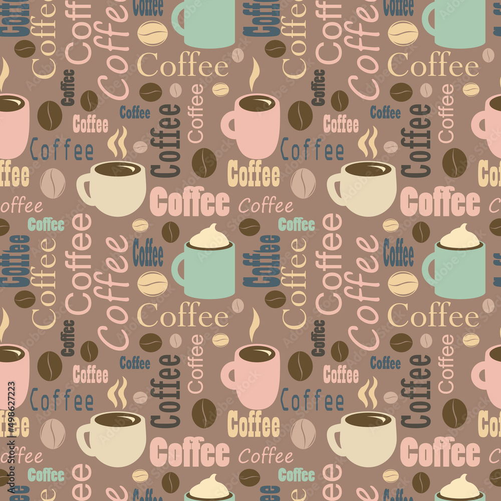 Cups and coffee .Coffee, coffee drinks in cups and coffee makers on a colored background in a seamless pattern