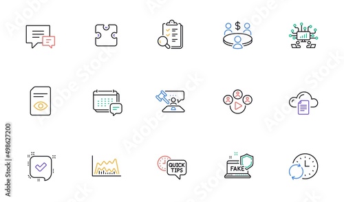 Message, Video conference and File storage line icons for website, printing. Collection of Quick tips, Confirmed, Inspect icons. Teamwork, Comment, View document web elements. Puzzle. Vector