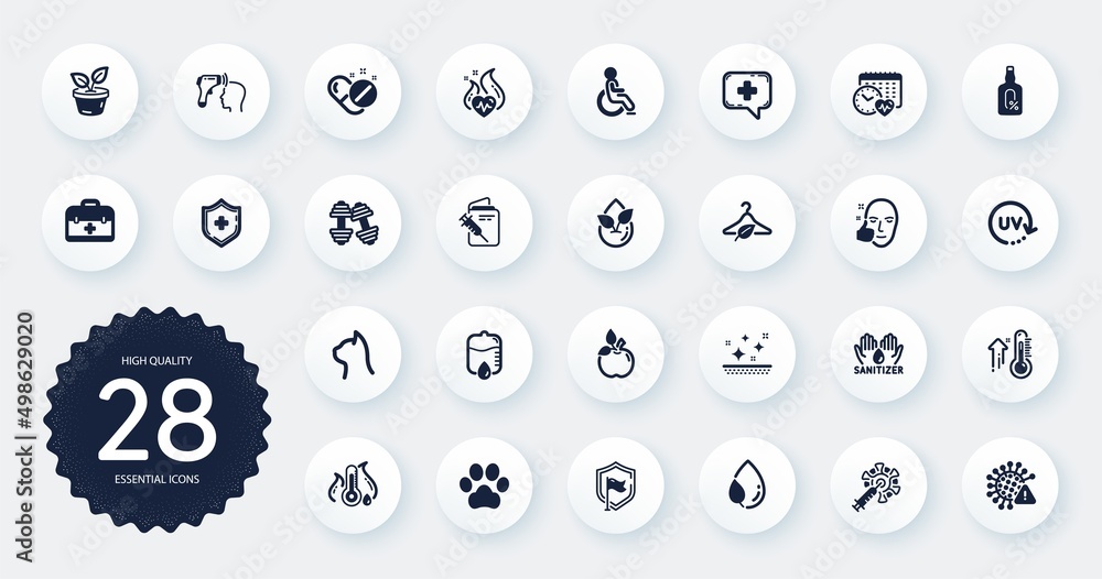 Set of Healthcare icons, such as Coronavirus vaccine, Medical chat and Dumbbells flat icons. Uv protection, Healthy face, Leaf dew web elements. Electronic thermometer, Slow fashion. Vector Set of Healthcare icons, such as Coronavirus vaccine, Medical chat and Dumbbells flat icons. Uv protection, Healthy face, Leaf dew web elements. Electronic thermometer, Slow fashion. Vector