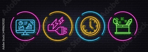 Time, Analytics graph and Electricity plug minimal line icons. Neon laser 3d lights. Creativity concept icons. For web, application, printing. Clock, Growth report, Electric energy. Vector