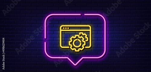 Neon light speech bubble. Seo gear line icon. Web settings sign. Traffic management symbol. Neon light background. Seo gear glow line. Brick wall banner. Vector