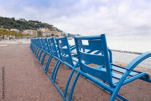 The blue chairs on the Promenade des Anglais in Nice, France