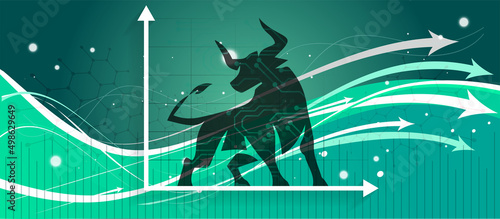 Bull run or bullish market trend in crypto currency or stocks. Trade exchange background, up arrow graph for increase in asset value. Cryptocurrency stock share price chart. Global economy boom.