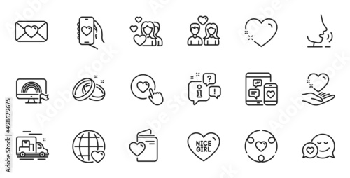 Outline set of Couple, Love document and Heart line icons for web application. Talk, information, delivery truck outline icon. Include Hold heart, Nice girl, Lgbt icons. Vector