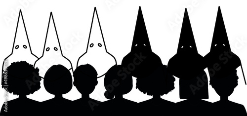 Vector horizontal, nazarenos vestidos con capirote y túnica en procesión con siluetas de personas como espectadores. Folclore y religión en España, Semana Santa en Sevilla, Andalucía. 