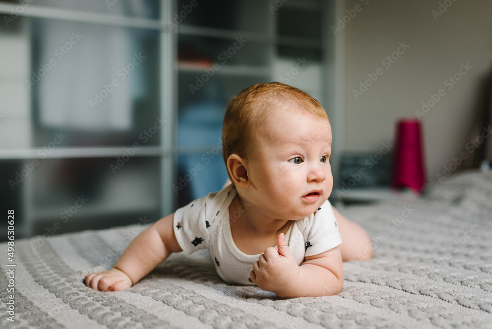 Portrait of a crawling baby on the bed in room. Adorable baby boy in bedroom. Newborn child relaxing. Nursery for children. Family morning at home.