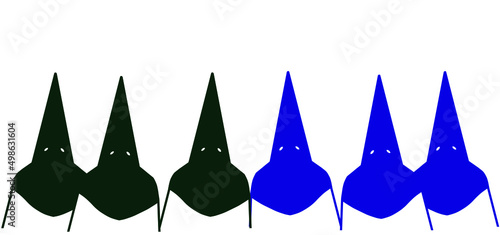 Vector horizontal, nazarenos vestidos con capirote y túnica morado y verde. Folclore y religión en España, Semana Santa en Sevilla, Andalucía. Cristo del Gran Poder y Virgen Esperanza de Triana.