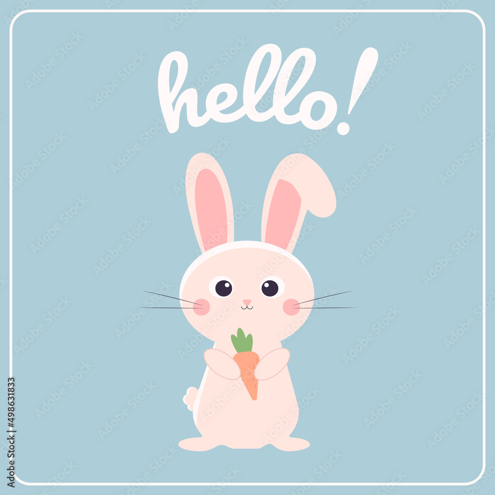 Cute rabbit bunny with carrot and text hello card Cute rabbit bunny with carrot and text hello card