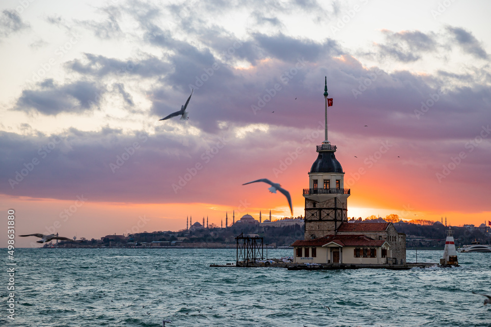 sunset over the bosphorus strait , Maiden's Tower sunset over the bosphorus strait , Maiden's Tower
