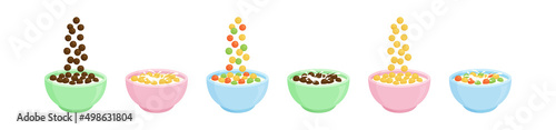 Cereal breakfast bowl vector icon, cornflakes with milk set isolated on white background. Cartoon food illustration