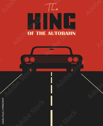 Vector vintage illustration poster with black retro car on the red background