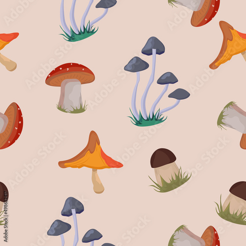 Cartoon seamless pattern with mushrooms