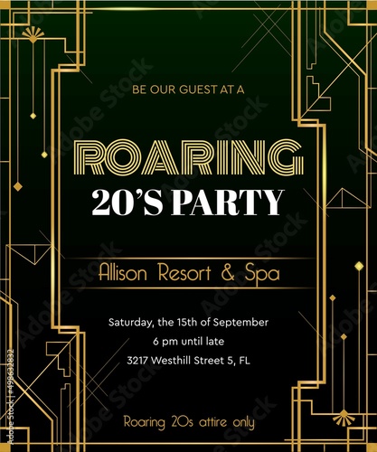 Gatsby style invite template roaring 20s patry sample golden frame