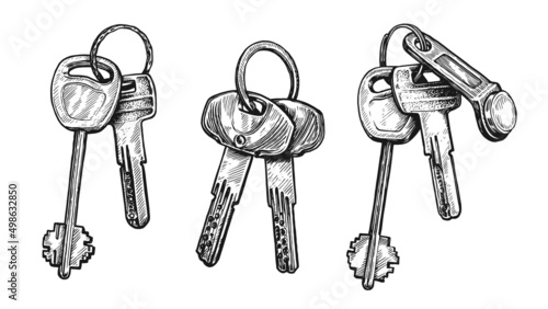 Bunch keys set. Sketch vintage vector illustration