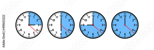 Clock vector icon, different times, watch 3, 6, 9, 12 hours. Cook timer quarter showing. Graphic illustration
