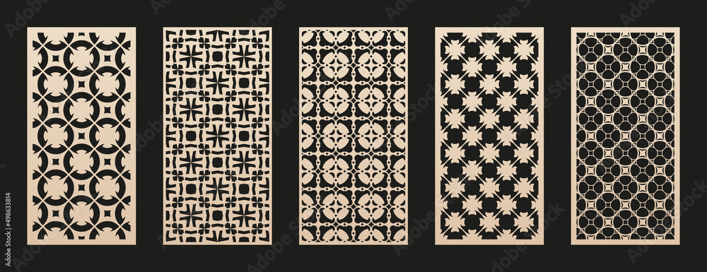 Laser cut pattern set. Vector template with elegant geometric ornaments, grid, floral lattice. Moroccan style design. Stencil for cnc cutting, decorative panels, wood, metal, paper. Aspect ratio 1:2
