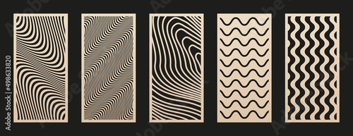 Laser cut patterns set. Vector design with abstract geometric ornament, waves, curved lines, stripes. Template for cnc cutting, decorative panels of wood, metal, acrylic, paper. Aspect ratio 1:2