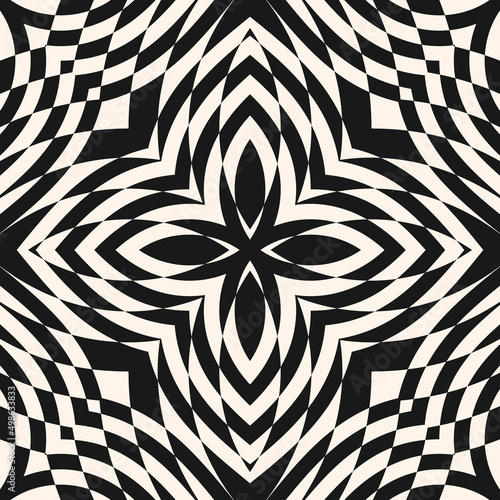 Vector geometric seamless pattern. Abstract black and white mosaic ornament. Simple checkered texture with flower silhouette. Monochrome op art pattern. Optical illusion background. Repeated design