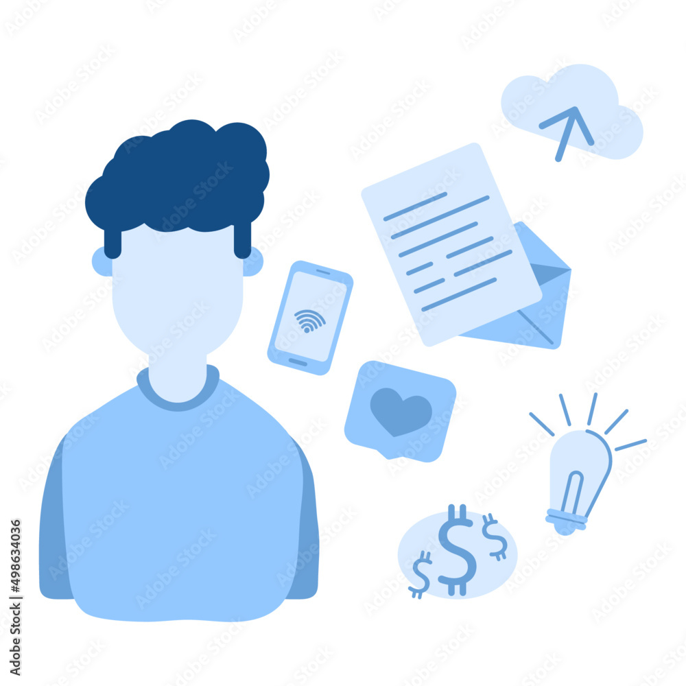 Homem jovem em tons de azul com elementos relacionados a celular, mensagens, redes sociais, ideias, financeiro, nuvem.