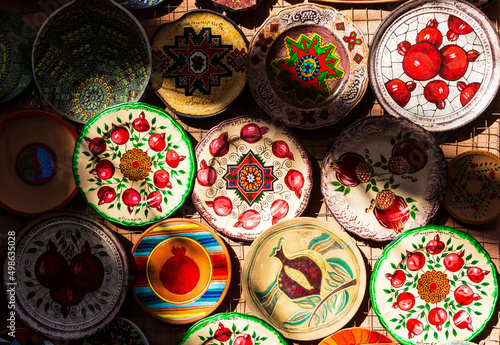 Yerevan, Armenia - 12 April 2022: Traditional ceramic plates for sale in Yerevan photo