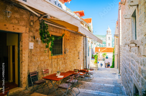 Famous narrow street and old city walls in Dubrovnik, Croatia © Olena Zn