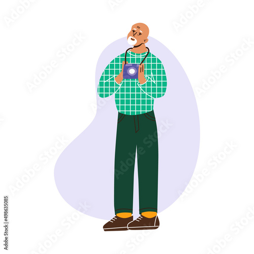 Senior man holding photo camera. Elderly flat vector illustration, isolated on a white background