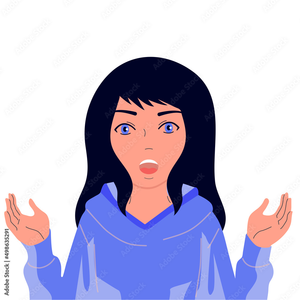 The surprised girl raised her hands. The girl screams. Vector isolated flat. The surprised girl raised her hands. The girl screams. Vector isolated flat.