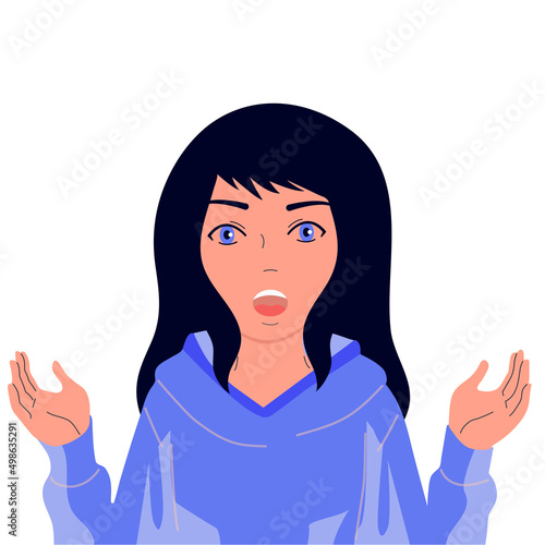 The surprised girl raised her hands. The girl screams. Vector isolated flat.