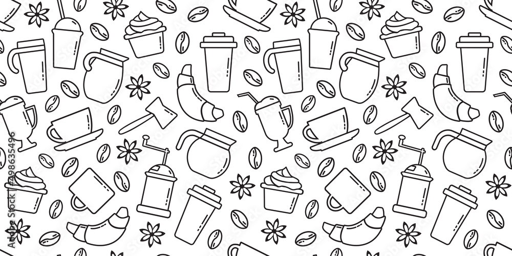 Fototapeta Coffee vector seamless pattern, line kitchen background, black and white coffee cute print. Cartoon outline food illustration