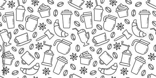 Coffee vector seamless pattern, line kitchen background, black and white coffee cute print. Cartoon outline food illustration