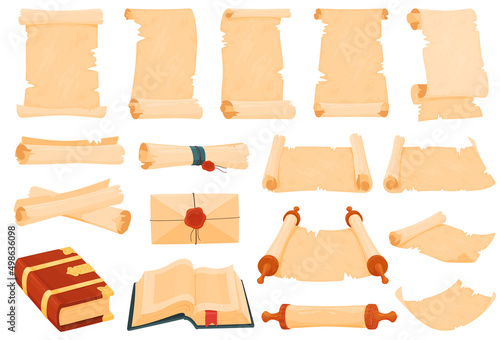 Set of ancient parchment scrolls and books. Literacy in ancient times. Vector illustration on a white background