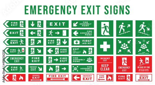 Set of emergency exit signs. Evacuation and relocation of people to safety. Vector illustration on a white background