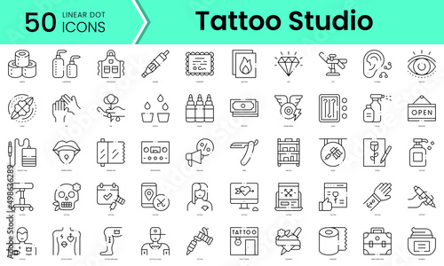 Set of tattoo studio icons. Line art style icons bundle. vector illustration
