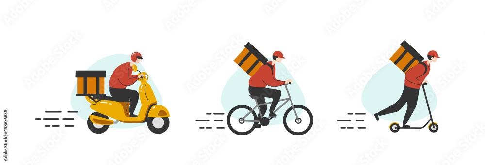 A food raider deliver food by yellow scooter motorcycle, bicycle and scooter to home and office flat vector illustration isolated on white background. Online food delivery service concept. A food raider deliver food by yellow scooter motorcycle, bicycle and scooter to home and office flat vector illustration isolated on white background. Online food delivery service concept.