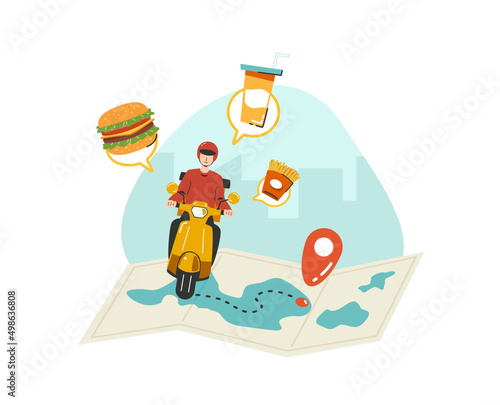 A food raider deliver food by yellow scooter motorcycle to home tracking location on map flat vector illustration isolated on white background. Online food delivery service concept.