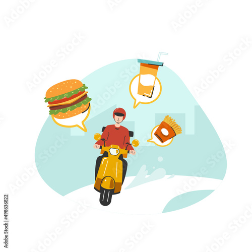 A food raider deliver food by yellow scooter motorcycle to home flat vector illustration isolated on white background. Online food delivery service concept. Delivery home and office