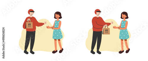 A food raider deliver food to customer at home flat vector illustration isolated on white background. Online food delivery service concept. Delivery home and office