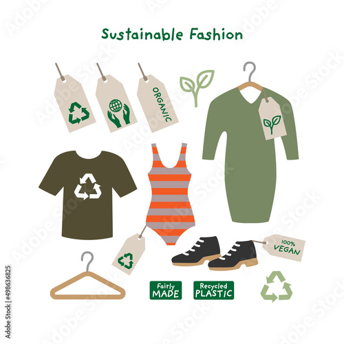 Sustainable fashion vector illustration. Set of eco friendly clothes, shoes and labels.
