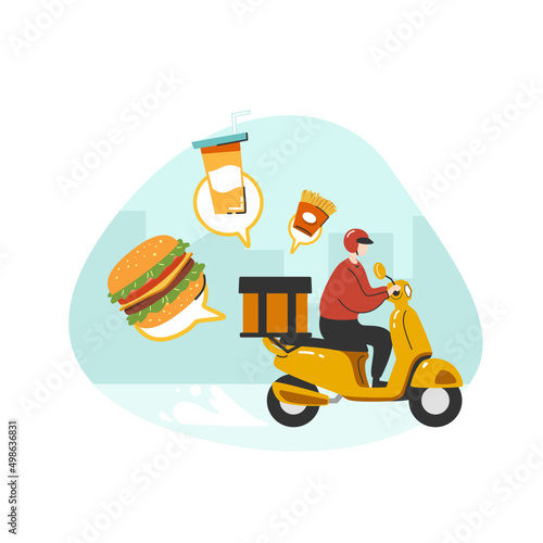 A food raider deliver food by yellow scooter motorcycle to home flat vector illustration isolated on white background. Online food delivery service concept. Delivery home and office