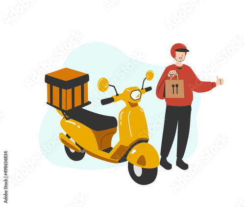 A food raider deliver food by yellow scooter motorcycle to home flat vector illustration isolated on white background. Online food delivery service concept. Delivery home and office
