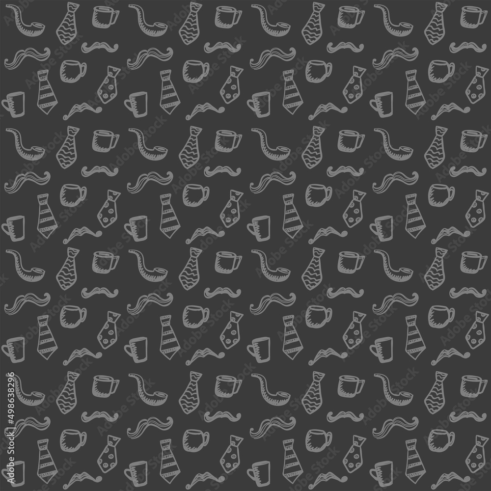 Doodle style seamless pattern with mustaches, cups and neckties