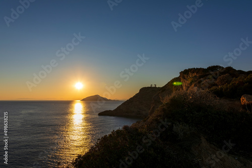 The ancient Temple of Poseidon during sunset at Sounio  Attica  Greece