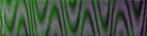 Zigzag geometric textured striped banner with linear shapes in velvet violet and green tones. Psychedelic tech background for wall art, web site, panel border, package, poster, interior decor. 