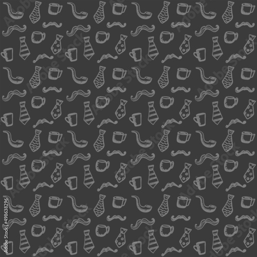 Doodle style seamless pattern with mustaches, cups and neckties